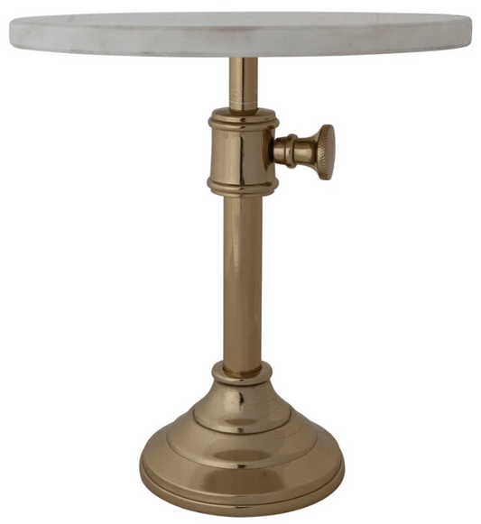 Adjustable Metal Pedestal with Marble Top, Gold Finish & White