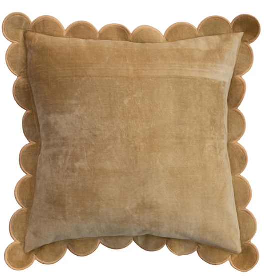 Cotton Velvet Pillow w/ Scalloped Flange & Embroidered Edge, Mustard Color