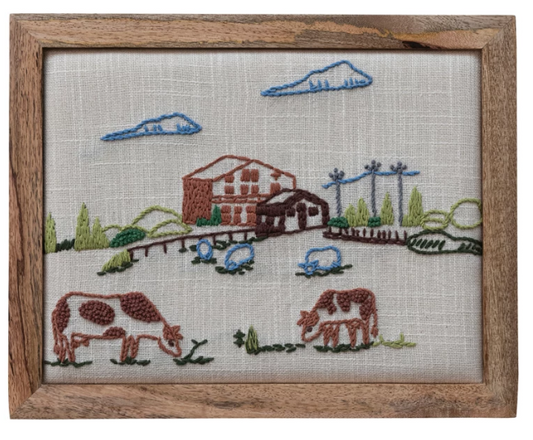 Mango Wood Framed Cotton Embroidered Wall Decor with Farm & Animals