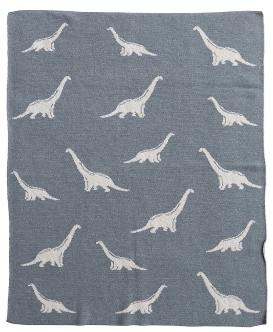 Cotton Knit Baby Blanket with Dinosaurs, Light Grey & Natural