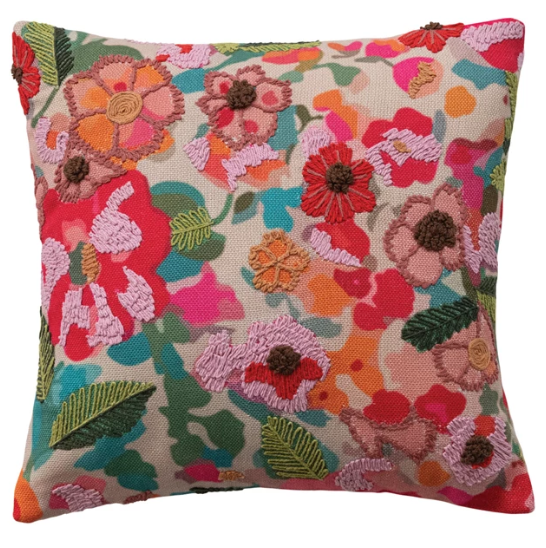 18" Square Fabric Pillow with Flowers, Embroidery & Cotton Back