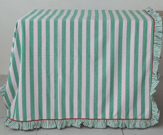 Woven Cotton Striped Tablecloth w/ Ruffle & Ric Rac Trim, Green, Pink & Red