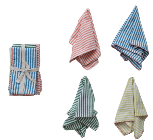 Woven Cotton Striped Napkins with Stitched Colored Trim, Set of 4