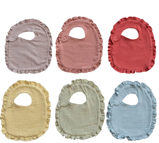 Cotton Double Cloth Baby Bib w/ Terry Back & Ruffles, 6 Colors