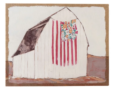 Plastered Burlap Wall Decor with Barn, Flag & Flowers