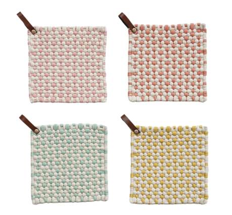 Cotton Crocheted Pot Holder w/ Leather Loop