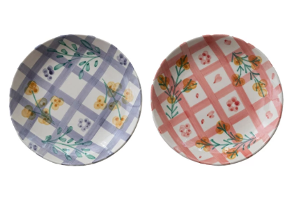 Hand-Painted Stoneware Plate with Grid Pattern & Botanicals