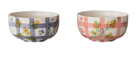 Hand-Painted Stoneware Bowl with Grid Pattern