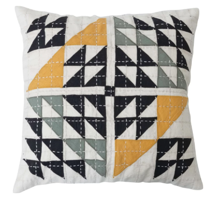 20" Cotton Patchwork Pillow w/ Kantha Stitch