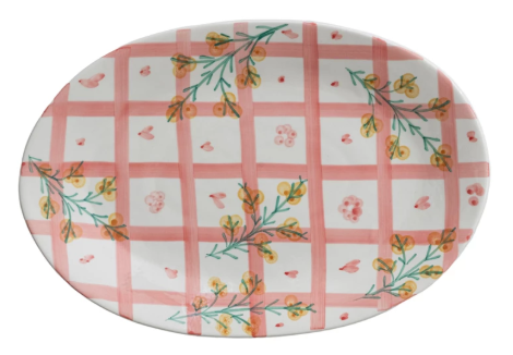 Hand-Painted Stoneware Platter with Grid Pattern & Botanicals