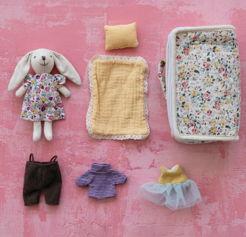 Fabric Zip Suitcase Bed with Plush Bunny & Outfits
