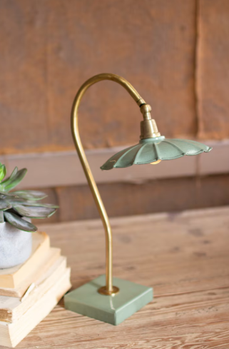 Antique Brass Gooseneck Table Lamp with Enamel Shade
