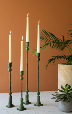 Forged-Iron Green Patina Taper Candle Holders