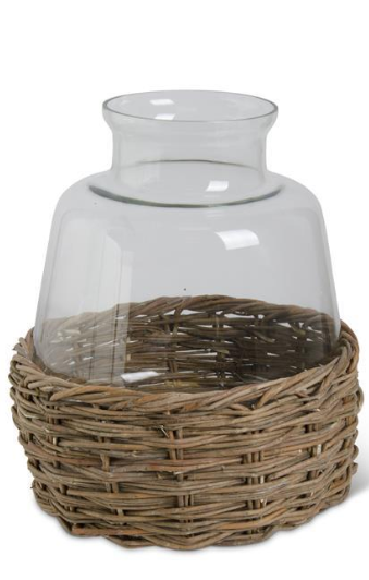 Clear Glass Vase in Woven Rattan Basket