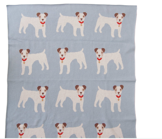 Blue Cotton Knit Baby Blanket with Dogs