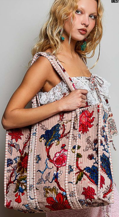 Blush Floral Quilted Velvet Tote