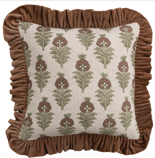 18" Square Cotton Slub Printed Pillow with Velvet Ruffle