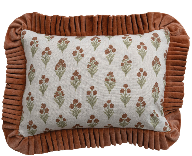 Cotton Slub Printed Lumbar Pillow with Velvet Ruffle
