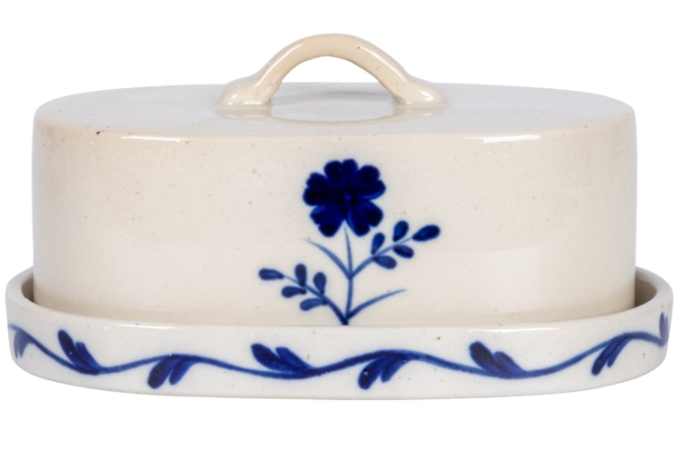 Hand-Painted Stoneware Butter Dish with Flower, Blue & White