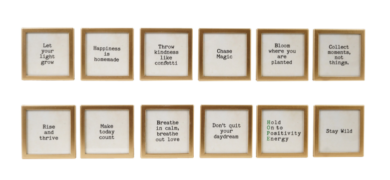 Metal & Glass Framed Magnet with Saying, Gold Finish, 12 Styles