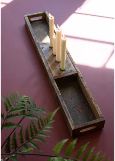 Recycled Wooden Tray with Four Taper Candle Holders