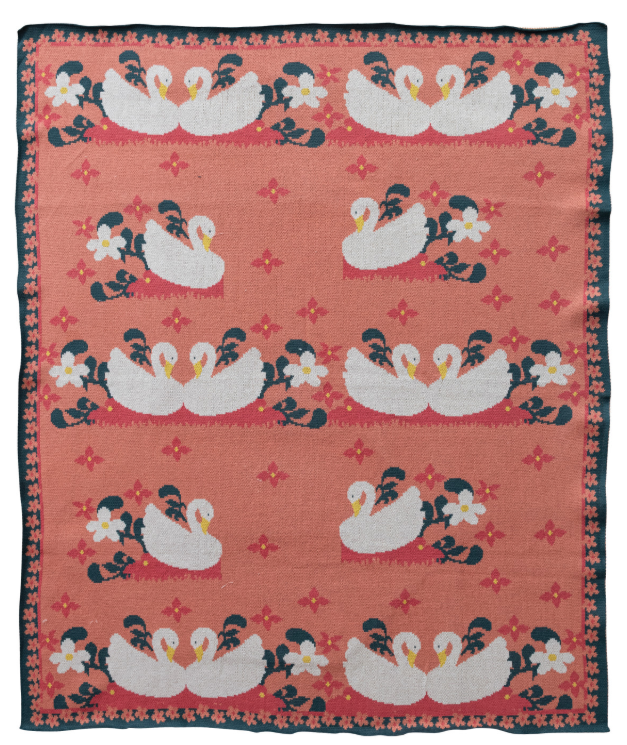 Cotton Knit Baby Blanket with Swans & Flowers
