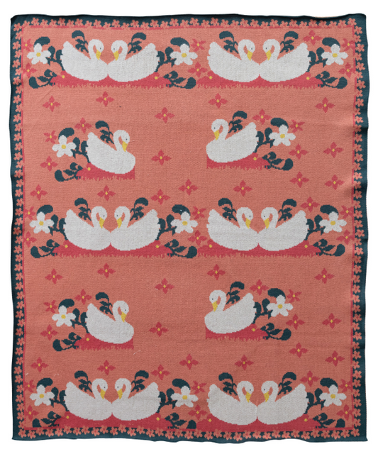 Cotton Knit Baby Blanket with Swans & Flowers