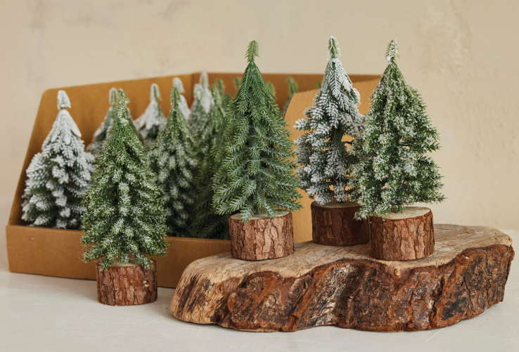 Faux Evergreen Trees with Natural Wood Slice Bases