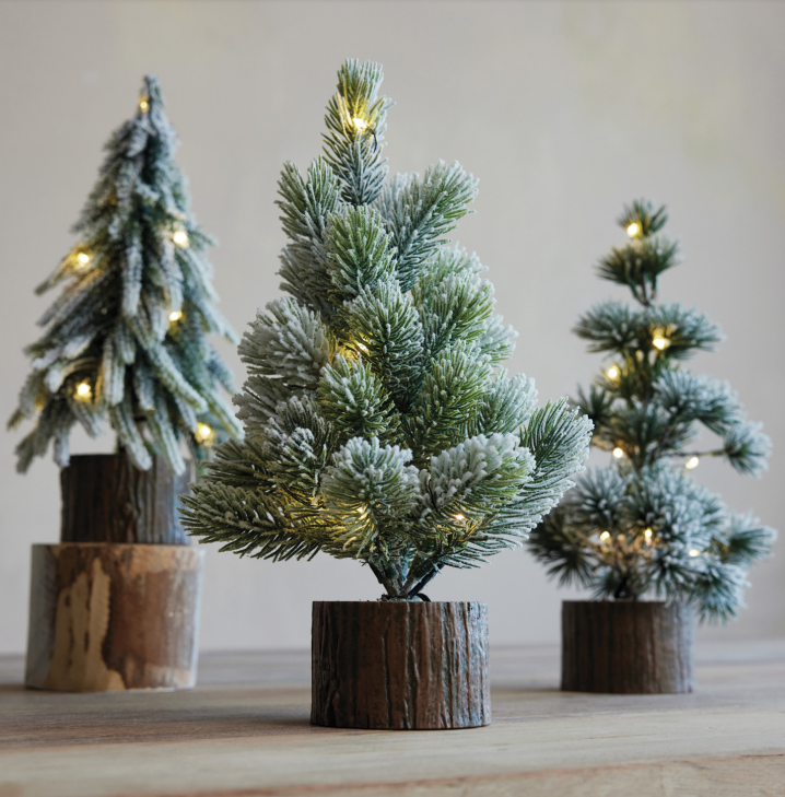 Plastic Tree with Faux Wood Slice Base & LED Light, Snow Finish, 3 Styles