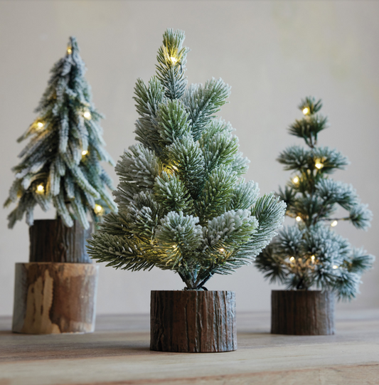 Plastic Tree with Faux Wood Slice Base & LED Light, Snow Finish, 3 Styles