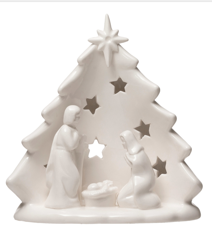 Stoneware Holy Family with Tree & Cut-Outs