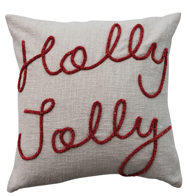 20" Square Cotton Pillow with Embroidered "Holly Jolly"