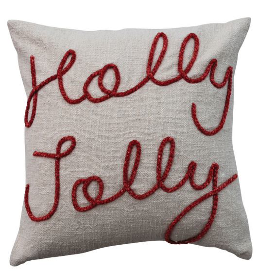 20" Square Cotton Pillow with Embroidered "Holly Jolly"