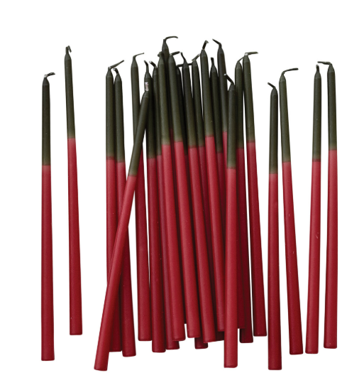 Unscented Two-Tone Thin Taper Candles in Box, Olive Color & Red, Set of 24
