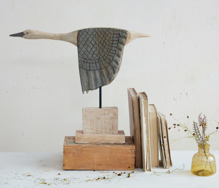 Hand-Carved Mango Wood and Metal Goose on Stand