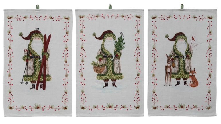 Cotton Printed Tea Towel with Santa & Berries Border, 3 Styles