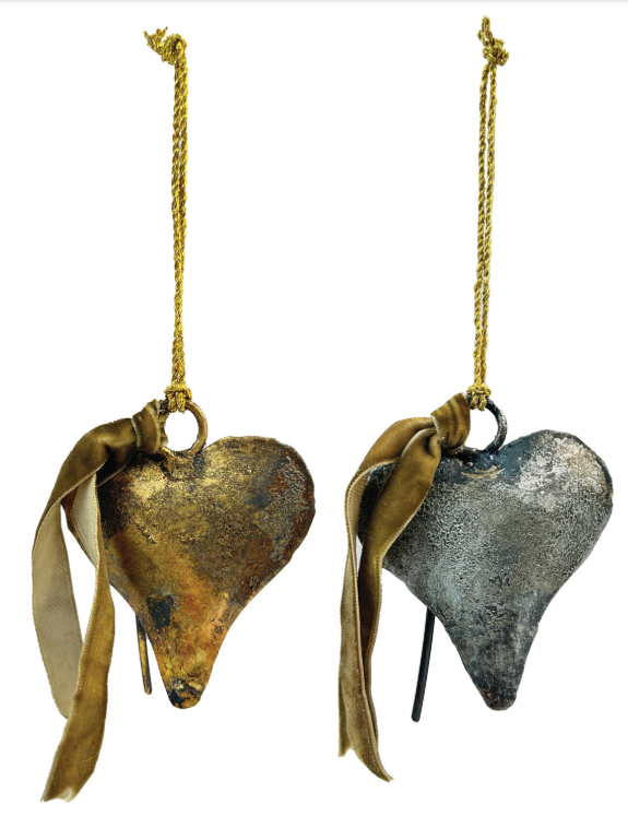 Metal Heart Shaped Bell Ornament with Brown Velvet Ribbon, 2 Colors