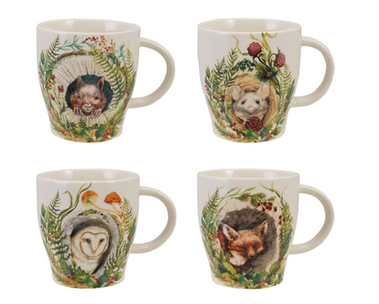 Stoneware Mug with Woodland Animal & Seasonal Botanicals, 4 Styles