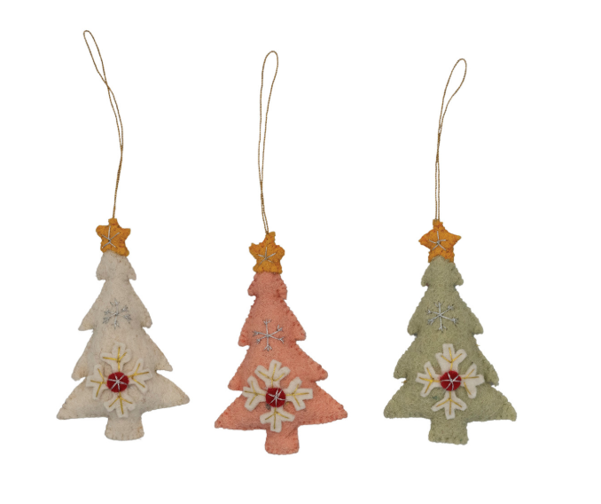 Handmade Wool Felt Tree Ornament with Star, Snowflake & Embroidery, 3 Colors