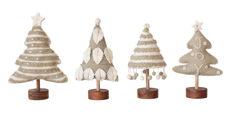 Wool Felt Christmas Tree with Applique, Pom Poms and Wood base