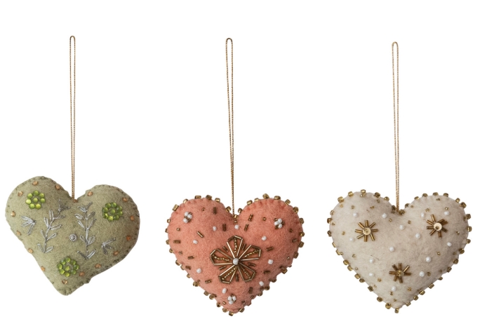 Handmade Wool Felt Heart Ornament with Embroidery & Beads, 3 Styles