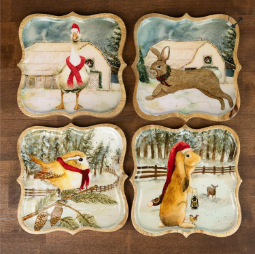 Mango Wood Tray Snowy Yuletide Animal Friends