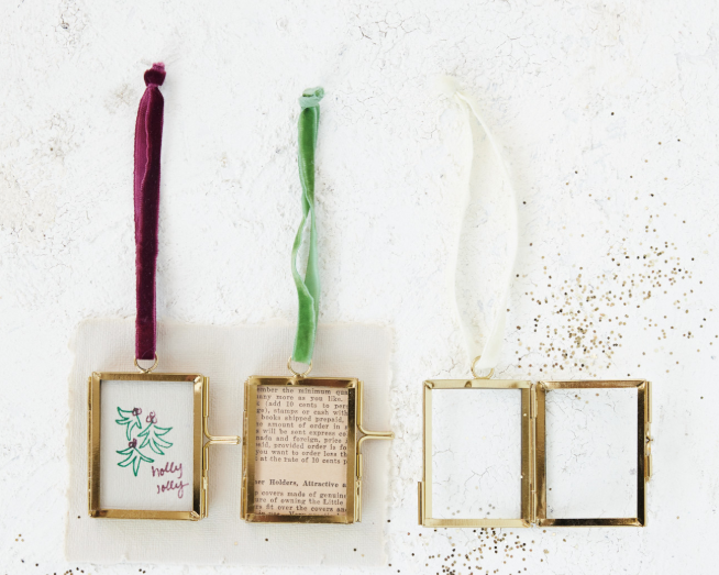 Brass & Glass Photo Frame Ornament with Velvet Ribbon Hanger, 3 Colors