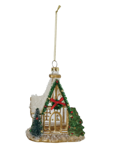 Hand-Painted Glass Chapel Ornament with Bottle Brush Tree, Tinsel Wreath & Glitter
