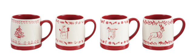 18 oz. Stoneware Mug with Holiday Design, White & Red, 4 Styles