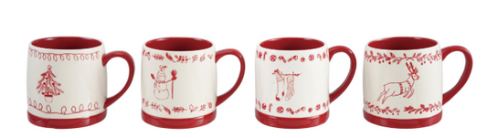 18 oz. Stoneware Mug with Holiday Design, White & Red, 4 Styles