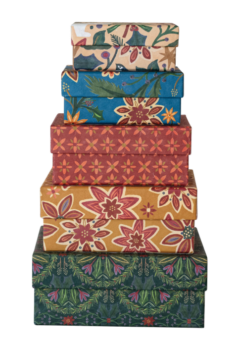 Handmade Printed Recycled Paper Gift Boxes with Patterns, 5 sizes