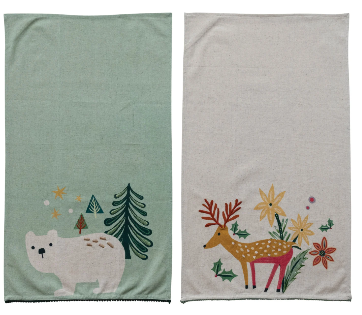 Cotton & Linen Printed Tea Towel with Embroidery & Mini Pom Pom Trim, 2 Styles