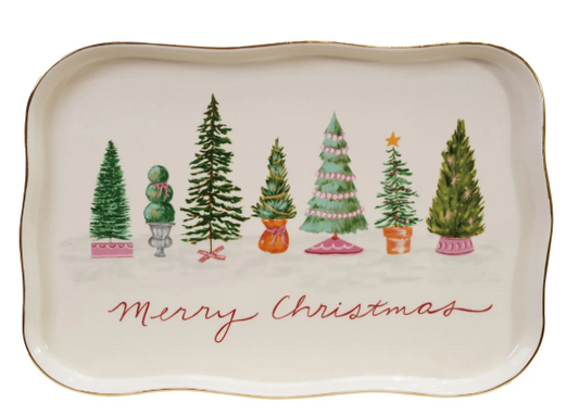 Stoneware Scalloped Platter with Trees & Gold Electroplating
