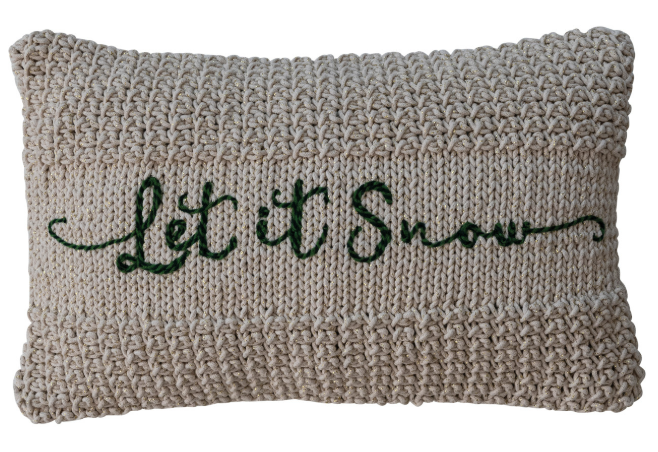 Cotton Knit Macrame Lumbar Pillow with Metallic Gold Thread Embroidery "Let It Snow"